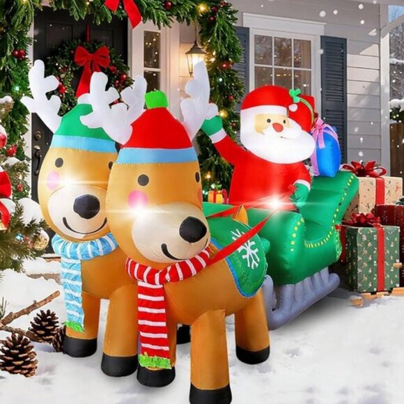 ⚡6.7FT Christmas Inflatables Santa Sleigh with Two Reindeer Outdoor Decorations